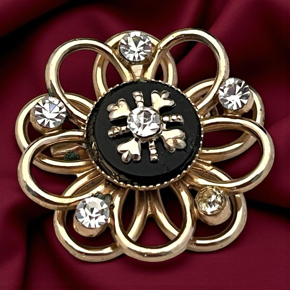 Vintage 1960s Coro Rhinestone Brooch Black Enamel Gold Tone Flower Pin - 7S